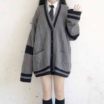 2023 אביזרי אפור, סוודר קרדיגן נשים Kawaii יפנית ילדה בבית הספר פס קליל משוחרר כפתור סרגה סוודר סתיו, חורף