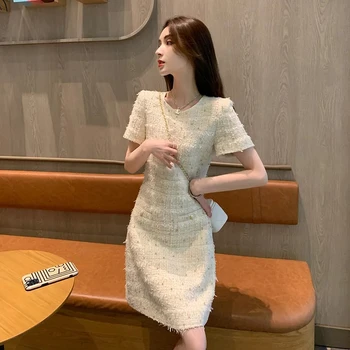 2023 קיץ סגנון חדש של נשים שרוול קצר, משמש קו-שמלה אלגנטית קוריאנית אופנה Vestidos