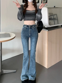 גבוהה המותניים סיבתי ג 'ינס נשים קוריאני סגנון סלים וינטג' התלקחות מכנסיים נשים חיצונית Y2k חג אופנה ג ' ינס מכנסיים 2023 חדש