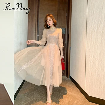 RoseDiary הקיץ Luxuriy נשים High-End מסמר חרוז רשת שמלה אלגנטית או צווארון החדרת וינטג ' משתה קו-שמלה Vestidos