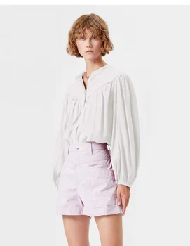 נשים חולצה חלול החוצה מוצק צבע יחיד עם חזה O-צוואר פנס שרוול ארוך מתאים רופף החולצה משרד ליידי