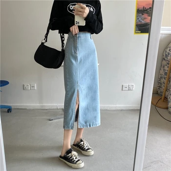 בציר גבוהה המותניים כחול ג 'ינס, חצאית אביב סתיו לפני שסע סקסי מידי חצאיות ארוכות נשים בסגנון קוריאני ישר חצאית ג' ינס