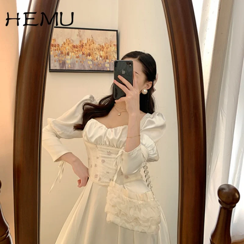 Hemu נישה צעיר אופנה קו חצאית נשים קוריאני בסגנון רטרו עיצוב פאף שרוול המותניים הרזיה אופנה שמלה - 0
