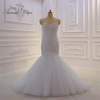 אמנדה עיצוב החלוק de mariage תחרה אפליקציה בתולת ים ואגלי סטרפלס לבן טהור שמלת החתונה