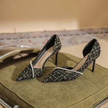 הקיץ הצביע הבוהן עקבים גבוהים ממותגים עיצוב טוויד נעלי פרל קישט סנדל נשים משאבות חתונה יוקרה מסיבת Sandalias