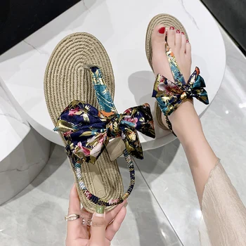 חופשת קיץ נעלי אישה פרחוני הדפסה סאטן משי סנדלי גלדיאטור גבירותיי בוהו אופנה חוף כפכפים