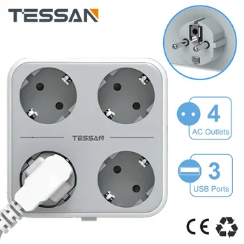 TESSAN רב-הקש על רצועת כוח האיחוד האירופי KR תקע שקע הרחבה עם 4 שקעי USB 3 יציאות מרובות האירופי תקע לשקע חשמל מתאם