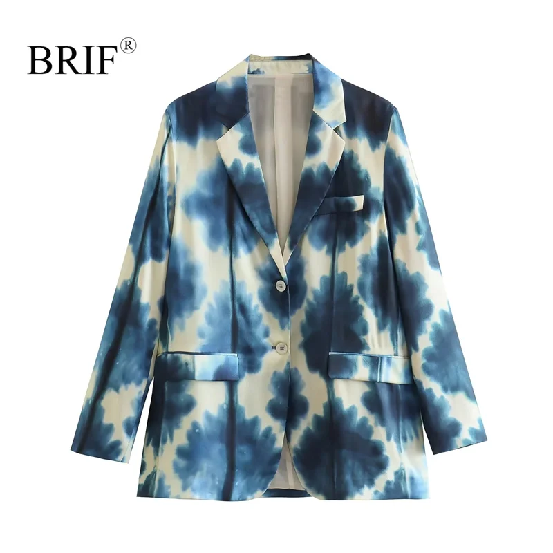 BRIF נשים אופנה כחול סאטן מודפס בלייזר עם דש צווארון עם שרוולים ארוכים דש כיסים כפתור בחזית הג ' קט ליידי משרד המעיל - 0