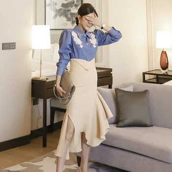 2023 אביב קיץ אופנה מתוק שתי חתיכת קבוצה של נשים קוריאני ג ' ינס חרוזים החולצה עליון + קפלים בתולת ים חצאית חליפות