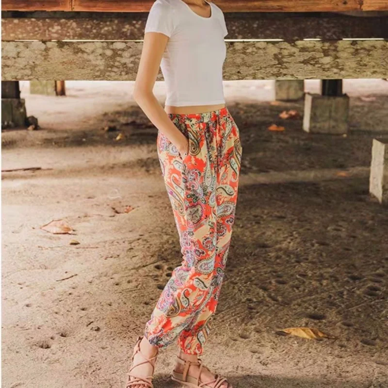 כותנה משי חוף מכנסיים נשים אתני תאילנדי מלאכותי כותנה חופשה מכנסיים רפויים הארון המכנסיים פנס מכנסיים פרח מכנסיים נקבה - 0