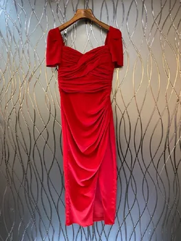חדש 2023 קיץ שמלת Bodycon באיכות גבוהה נשים Squre קולר קפלים דקו שרוול קצר מידי צד אדום שמלה ירוקה Vestidos