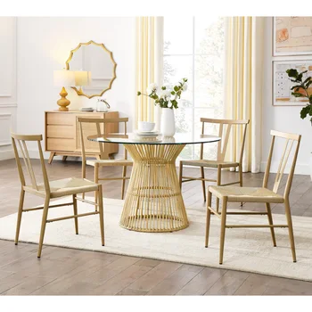 5 חתיכות עגול זכוכית מחוסמת גבי שולחן האוכל, מתכת האוכל כיסא מטבח, סלון וחדר אוכל (שולחן + 4 כיסאות