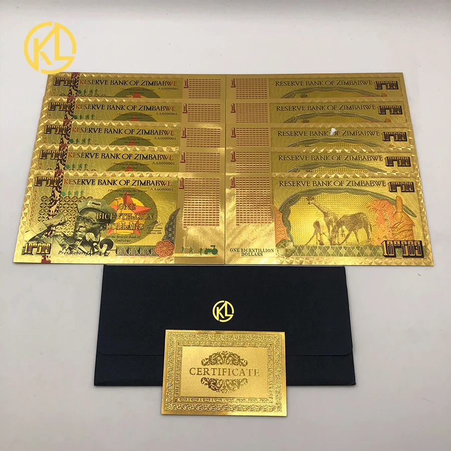 10pcs זימבבואה זהב השטר אחד BicCENTILLION דולר זהב 999999 זימבבואה דולר האבן שטרות לעסקים מתנות - 0