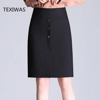 TEXIWAS רחוב סלים שלב החצאית הסקסית החדשה OL נוסעים חצאית לחצן Office עסקים העבודה באמצע חבילת היפ גבוהה נשים חצאית