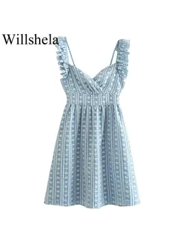 Willshela נשים אופנה מודפס אלסטי המותניים גב רוכסן שמלת מיני בציר רצועות V-צוואר נקבה שיק שמלות ליידי