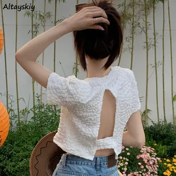 חולצות נשים יבול גג מוצק חלול החוצה מזדמן פשוט O-צוואר שיק סלים קיץ מתוק בסגנון קוריאני אופנה של בגדי קצרות-שרוול