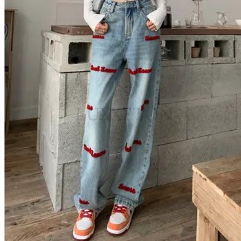 אופנת רחוב מכתב רקמה ג 'ינס אישה גבוהה המותניים Y2k ישר מכנסיים רחבים קוריאני אופנה של נשים ג' ינס מגמת מכנסיים
