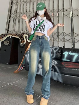נשים וינטאג במצוקה מטען ג 'ינס Harajuku אופנה רוכסן קו מותן גבוה Demin מכנסיים 2022 סתיו Y2K רחוב ג' ינס