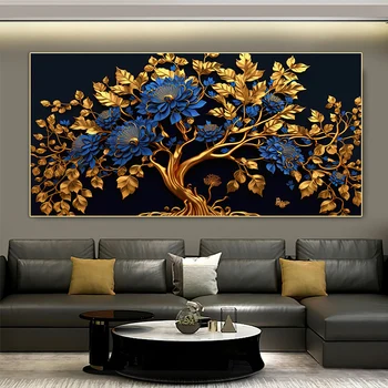זהב, כסף, עץ ופרח בד ציור חלק אחד פוסטרים, הדפסים Cuadros יער אמנות קיר תמונה בסלון עיצוב
