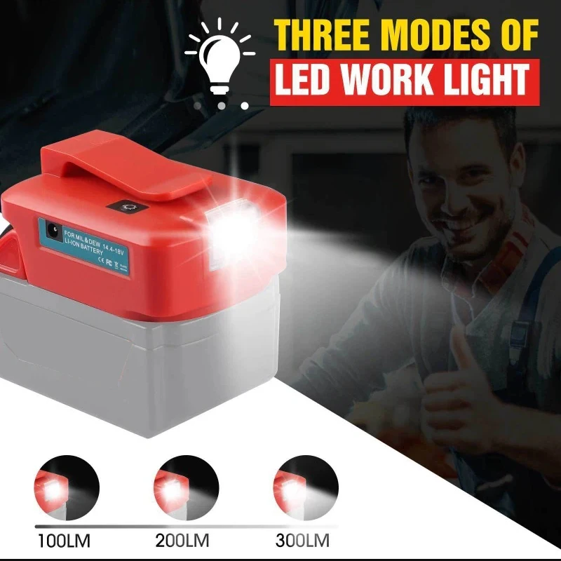 סוללה מתאם אור על מילווקי Li-ion Battery with Type-c+USB DC 12V יציאה 3 מצבי LED מנורת חירום אבזם עובד אור - 0