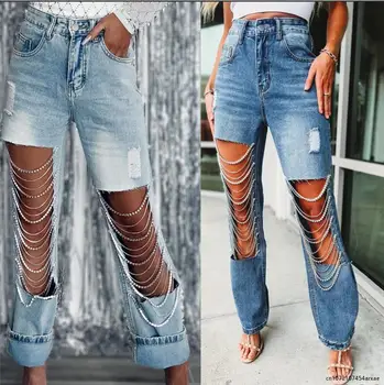 ישר ג 'ינס נשים 2023 אביב קיץ חורים יהלום Rhinstones מוצק אופנה רחוב גבוהה גבוהה המותניים כותנה מכנסי ג' ינס