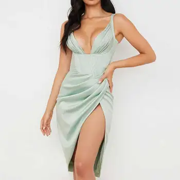 בוהו השראה סאטן מחוך midi שמלה V-צוואר כותרת בצורת קפלים כוסות סקסי שמלת bodycon נשים חדש שמלת מסיבת בנות הקיץ