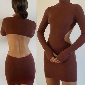 חדש 2021 אביב סתיו נשים שמלה סקסית חום מוצק צבע שרוול ארוך צווארון פתוח בגב ללא משענת שמלת צלעות לסרוג שמלת Bodycon