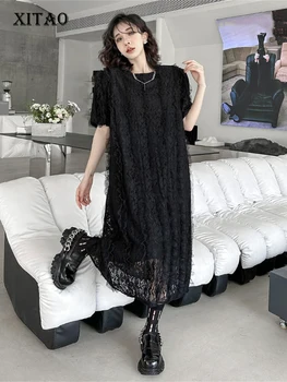 XITAO רשת שמלת תחרה שחורה טלאים קטנים טריים ציצית מיעוט אלת אוהד מזדמן בסגנון חופשי 2023 שמלת הקיץ ZRQ1003