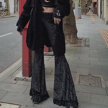 Harajuku פאנק הגותי הזיקוק מכנסיים נשים גראנג ' רחוב בציר קניון גותי תחרה טלאים חלול החוצה כהה קטיפה שחורה מכנסיים 2023
