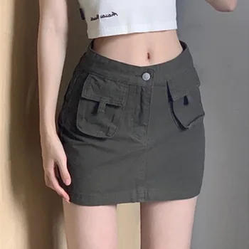 Lucyever בציר ירוק צבא מטען חצאית נשים קוריאני גבוהה המותניים קו ג ' ינס חצאיות נשית סקסית ירך לעטוף Anti-Glare חצאית מיני