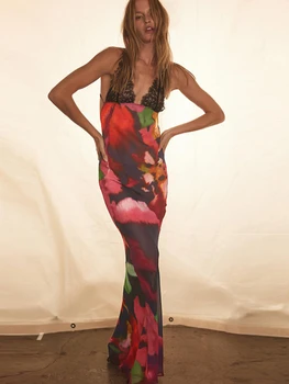 אלגנטי לקשור צבע פרחוני שמלת שיפון לנשים 2023 קיץ סקסי תחבושת תחרה ללא משענת שמלות ארוכות נקבה חוף ערב החלוק