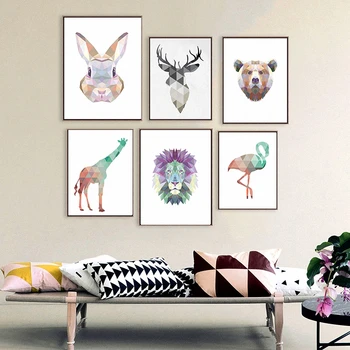 HAOCHU גיאומטריים צבעוניים חיות ארנב אריה דוב צבי, ג ' ירפה, פלמינגו בד הציור להדפיס תמונה הבית בסלון עיצוב