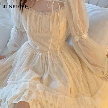 JuneLove לוליטה Kawaii להתלבש נשים יומיומי שרוול ארוך בציר Y2k מיני שמלה נשית בסגנון יפני חתיכה אחת שמלה קוריאנית אביב
