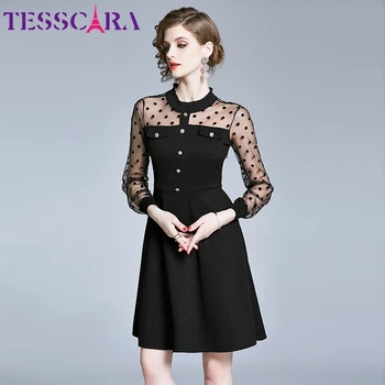 TESSCARA נשים סתיו אלגנטי נקודה רשת השמלה לפסטה באיכות גבוהה סרוגים מסיבת קוקטייל חלוק נשי בציר מעצב Vestidos