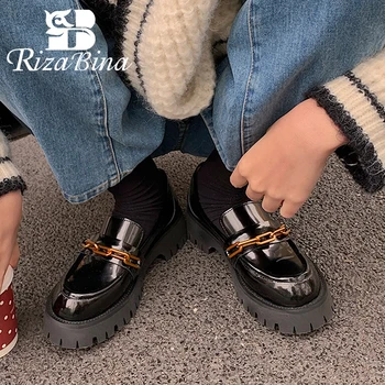 RIZABINA משאבות נשים אמיתיות נעלי עור עבה בתחתית שרשרת קישוט 2023 חדשה משאבות אופנה נעליים מזדמנים גודל 34-40