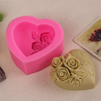 3D לב אהבה רוז פרח שוקולד סיליקון עובש סבון, עובש נר חימר פולימרי תבניות מלאכות התבנית