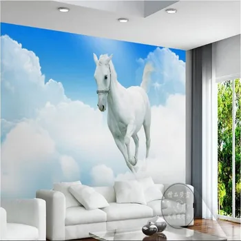 wellyu מותאם אישית, ציורי קיר גדולים על שמיים כחולים עננים מעל הסוס הלבן טס המודרני פשוט סופר טפט ירוק