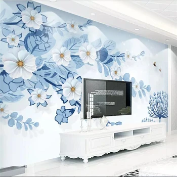 wellyu מודרני מינימליסטי קטן פרחים טריים כחול דקורטיבי רקע ציור קיר מותאם אישית גדולה ציור קיר טפט ירוק