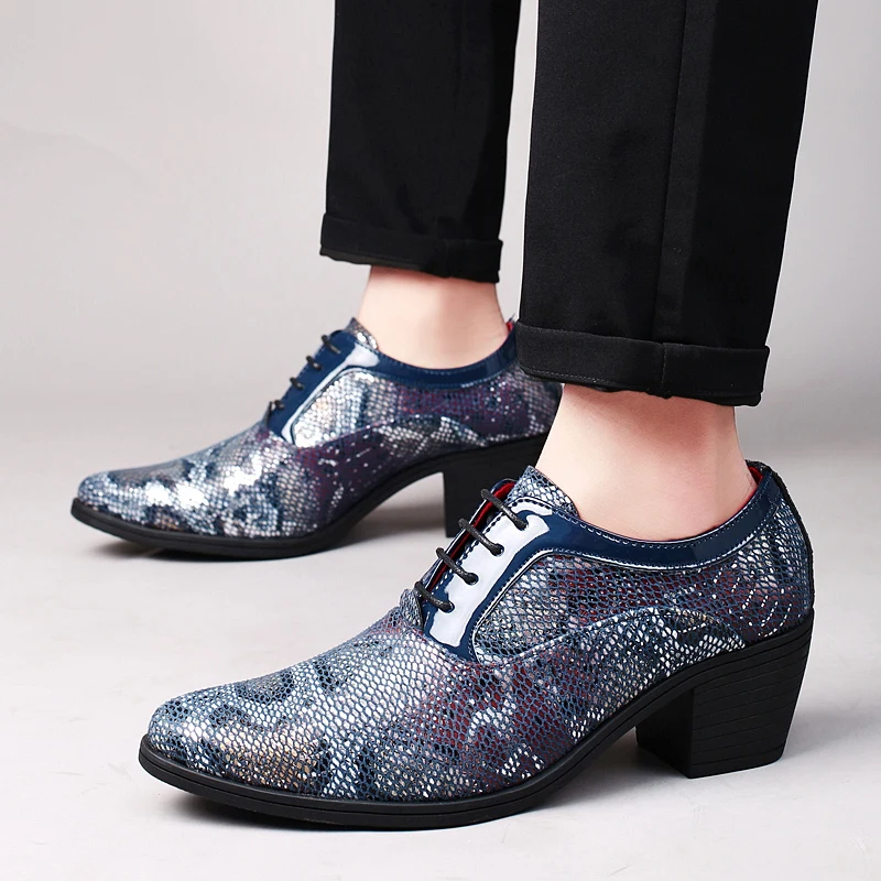 אופנה חדשה כחול נחש נעליים שמלה האיש הצביע עור של גברים עקב גבוה נעליים נוחות שרוכים נעליים מזדמנים גברים פאטוס דה vestir - 0