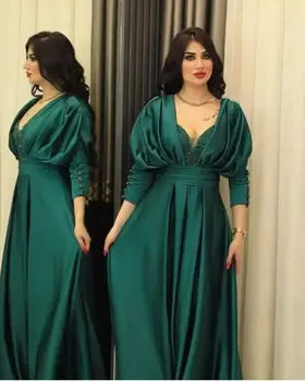 צנוע, ירוק אמרלד ערב רשמי שמלות ארוכות שרוולים חרוזים אפליקציה צוואר V דובאי הסעודית ערבית שמלת מסיבת נשים שמלות לנשף