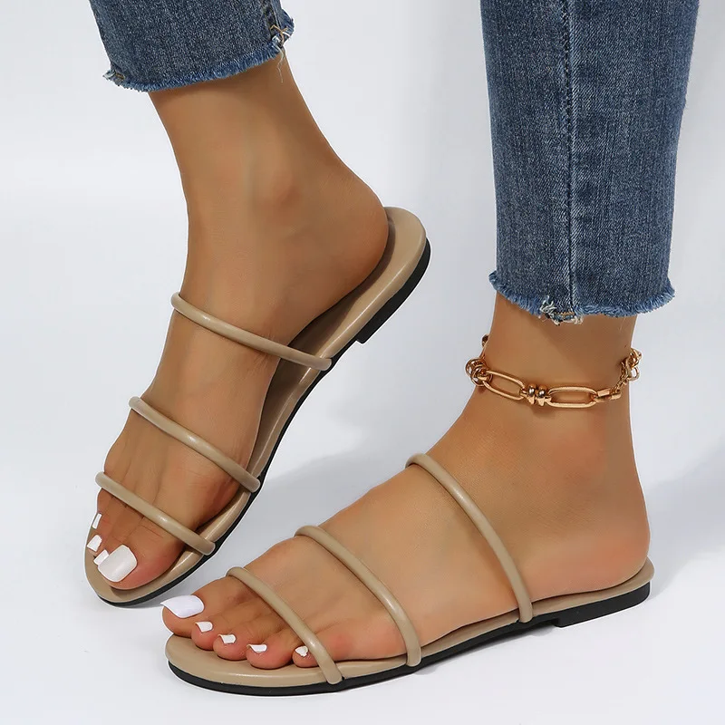 2023 קיץ חדש נעלי נשים ללבוש צבע בהיר אחד פשוט-קו דק רצועה שטוח נעלי בית חיצונית חוף נשים נעלי גודל גדול - 0