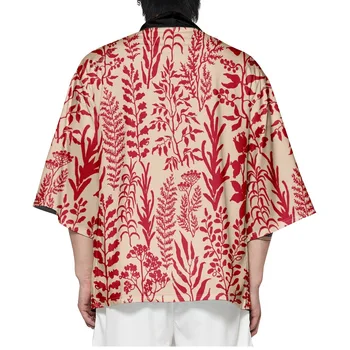 אופנה אדום פרחוני מודפס החוף יפניים קימונו החלוק קרדיגן גברים חולצות יאקאטה Haori בגדי נשים