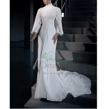 פנטסטי לבן מלא שרוולים שיפון גבוהה אפליקציות חרוזים Vestito דה Sposa ים בהזמנה אישית שמלות כלה רכבת משפט 2023