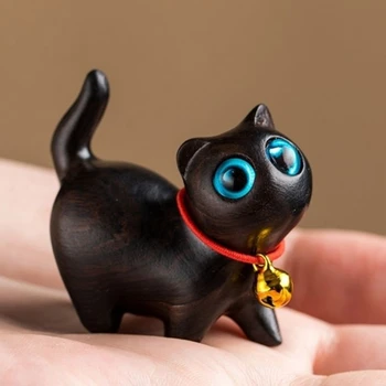 1PC עץ החתול בראש הטבלה עיצוב עץ גילופי חיות מחמד מיני סקרן פסל חתול פיסול אמנות חתול שחור צלמיות עיצוב מתנות