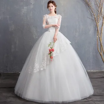 Y&M Novias כדור שמלת צוואר V Weddinges שמלה עם תחרה Vestido De נוביה נסיכה וינטג ' עם שרוול התמונה האמיתית שמלת כלה.