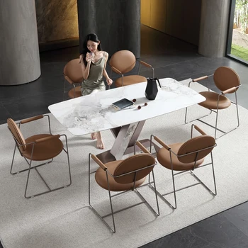 מלבני צפחה שולחן אוכל 6-אדם יוקרה בסיס אבן בהיר-פנים עיצוב איטלקי מינימליסטי השיש Meuble ריהוט GY50CZ