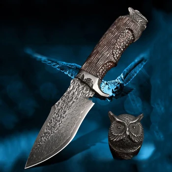 מג ' סטיק ינשוף ישר תיקנו את הסכין VG10 דמשק להב הובנה להתמודד עם קמפינג טקטי ציד דיג סכינים EDC כלי הישרדות