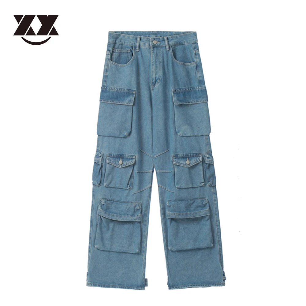 צבע מוצק שטף כחול ג ' ינס מכנסי גברים Harajuku נשים באגי אופנת רחוב כיסים במצוקה דנים מטען המכנסיים מכנסיים גדולים - 0