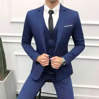 2021 החדשה החליפה הכחולה של גברים חליפה מותאמת אישית קוריאנית סלים של הגברים ז 'קט של גברים שלושה חלקים שמלה חליפה (ז' קט+מכנסיים+וסט) בלייזרס לאדם.