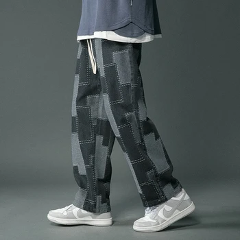 רחוב ג 'ינס באגי גברים אופנה רחב הרגל המכנסיים אופנת רחוב משוחרר ישר הג' ינס צבעוני מודפס היפ הופ Mens ג ' ינס מ-5XL